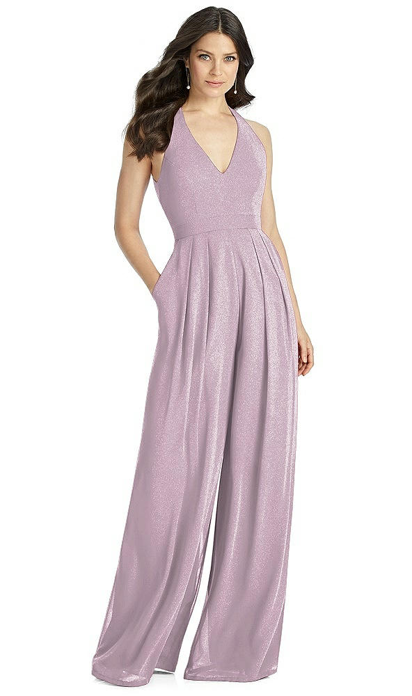 Front View - Suede Rose Silver Dessy Shimmer Bridesmaid Jumpsuit Arielle LS
