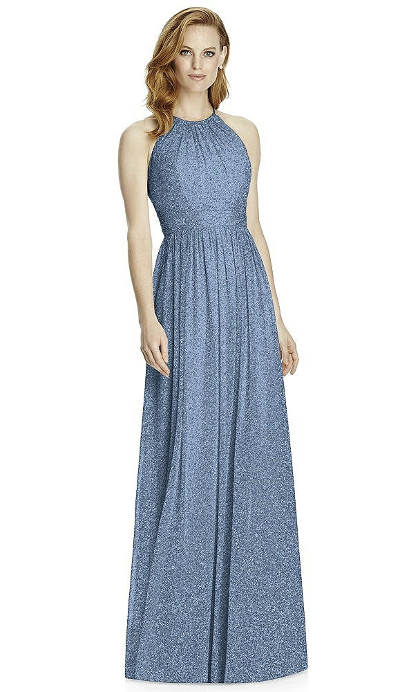 Front View - Cloudy Silver Studio Design Long Halter Shimmer Bridesmaid Dress 4511LS