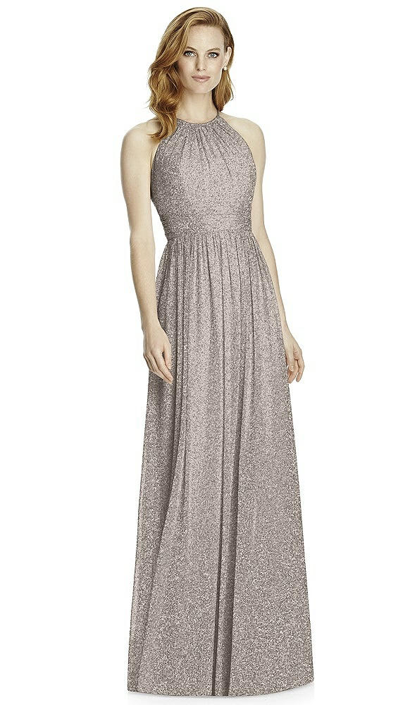 Front View - Taupe Silver Studio Design Long Halter Shimmer Bridesmaid Dress 4511LS
