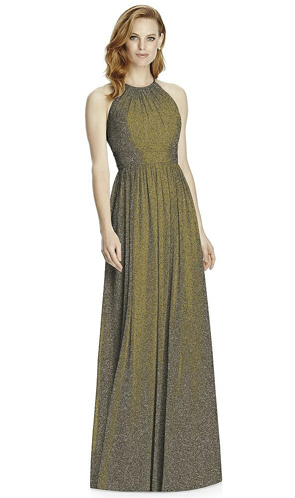 Front View - Mocha Gold Studio Design Long Halter Shimmer Bridesmaid Dress 4511LS