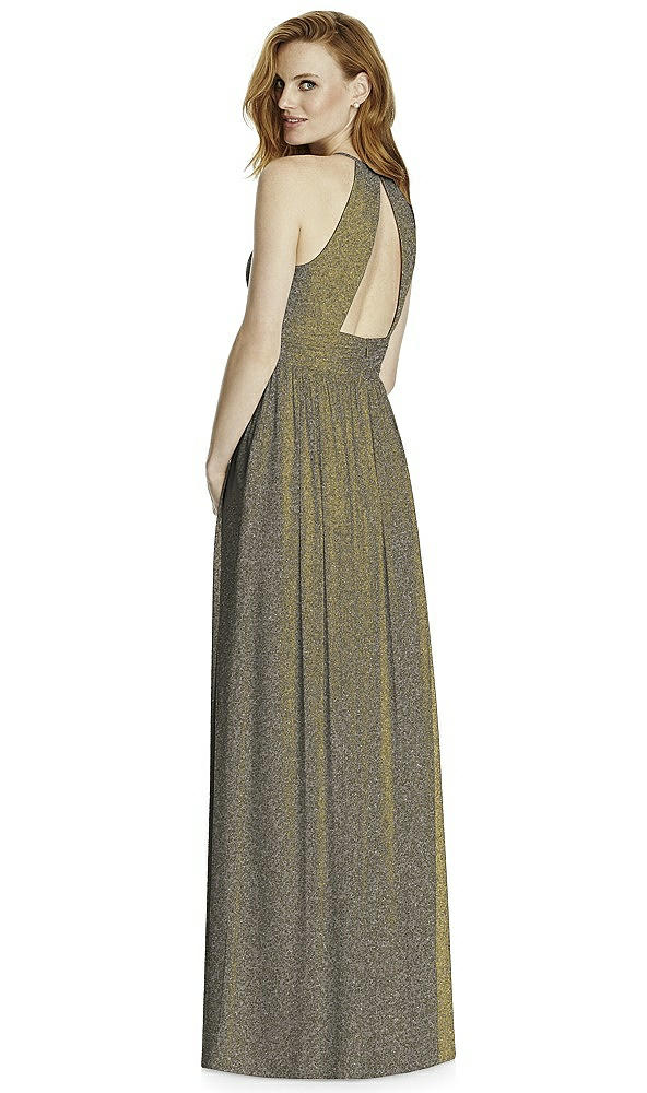 Back View - Mocha Gold Studio Design Long Halter Shimmer Bridesmaid Dress 4511LS