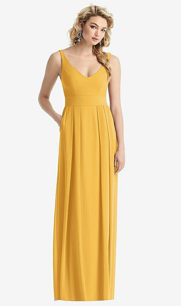 Front View - NYC Yellow Sleeveless Pleated Skirt Maxi Dress with Pockets