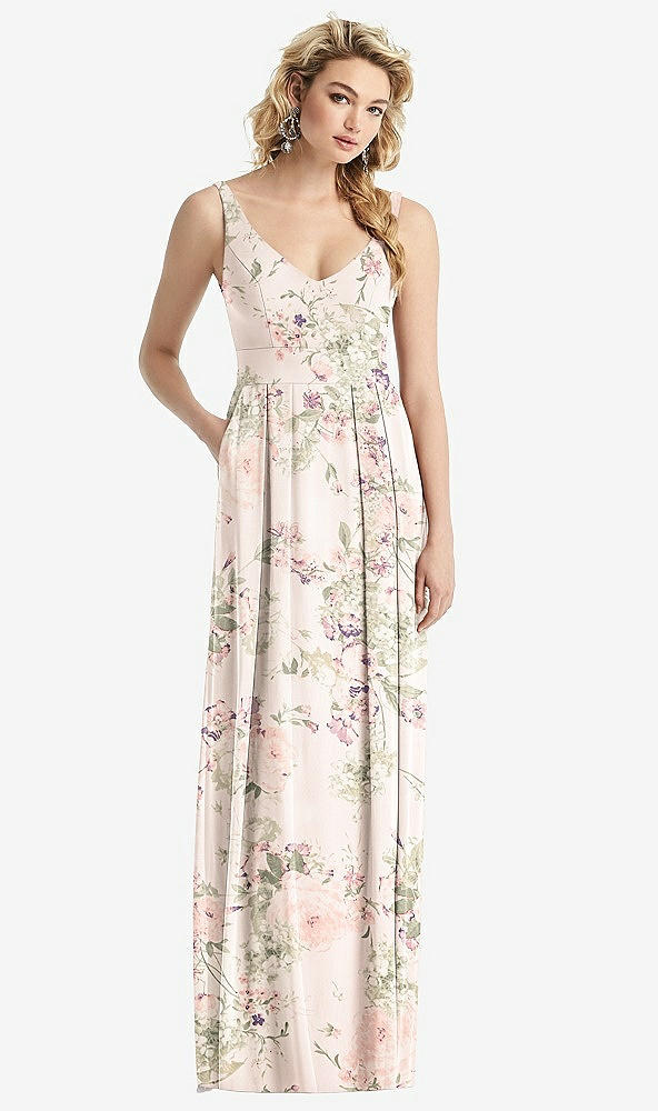 Front View - Blush Garden Sleeveless Pleated Skirt Maxi Dress with Pockets