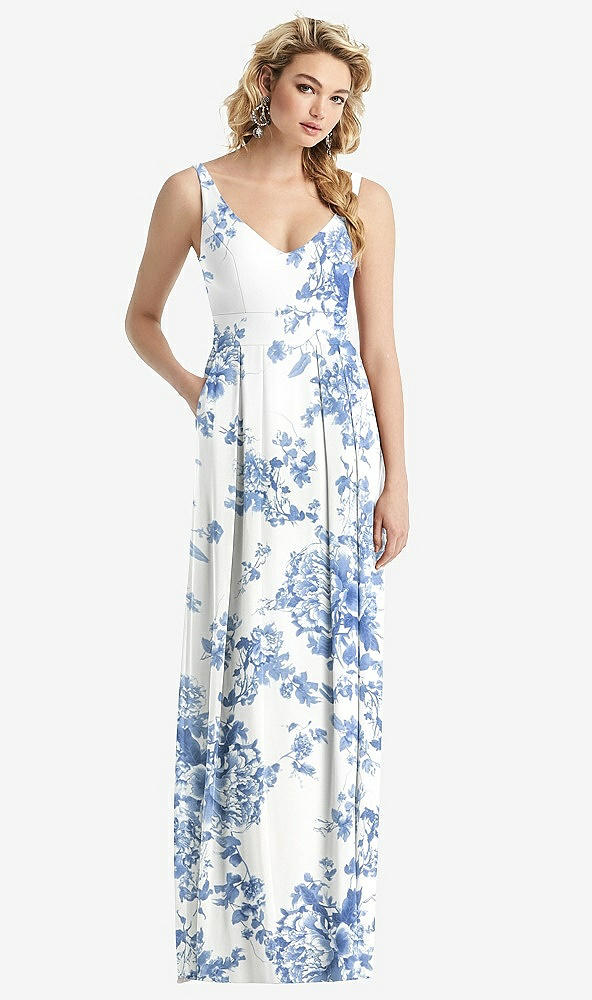 Front View - Cottage Rose Dusk Blue Sleeveless Pleated Skirt Maxi Dress with Pockets