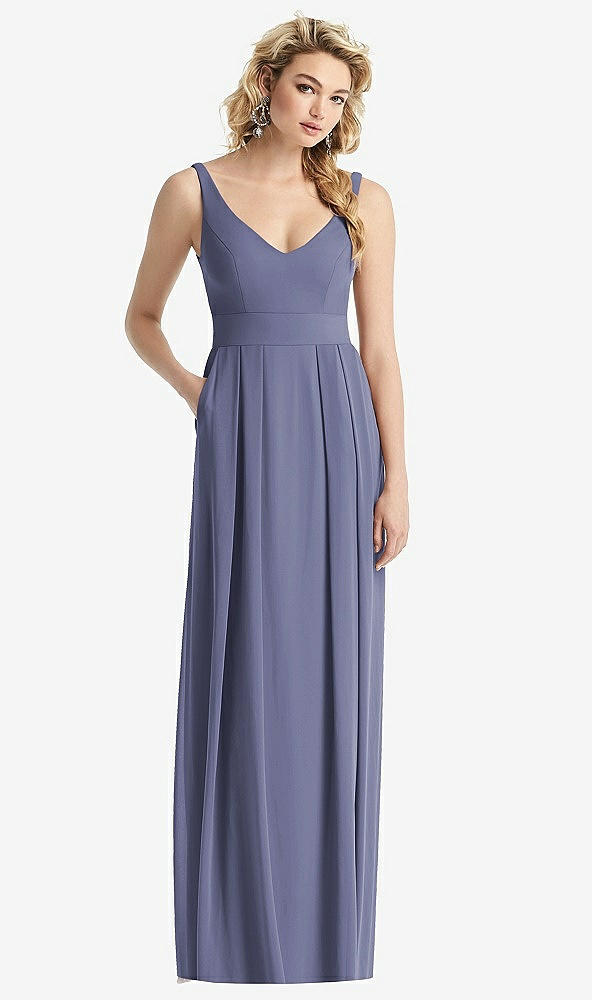 Front View - French Blue Sleeveless Pleated Skirt Maxi Dress with Pockets