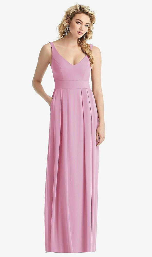 Front View - Powder Pink Sleeveless Pleated Skirt Maxi Dress with Pockets