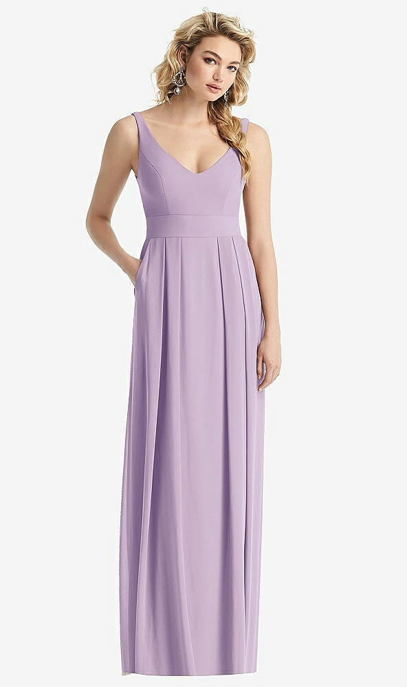 Front View - Pale Purple Sleeveless Pleated Skirt Maxi Dress with Pockets