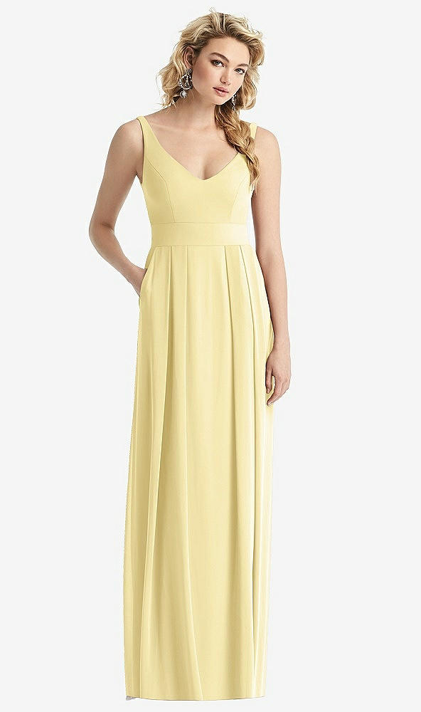 Front View - Pale Yellow Sleeveless Pleated Skirt Maxi Dress with Pockets