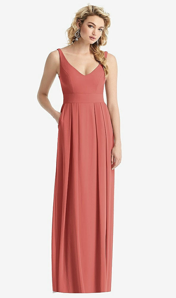 Front View - Coral Pink Sleeveless Pleated Skirt Maxi Dress with Pockets