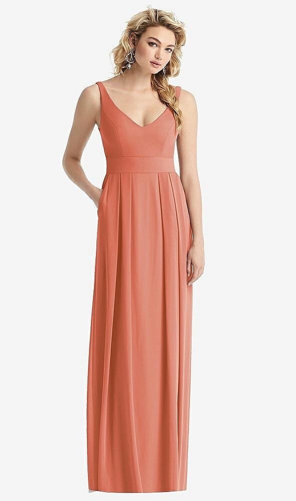 Front View - Terracotta Copper Sleeveless Pleated Skirt Maxi Dress with Pockets