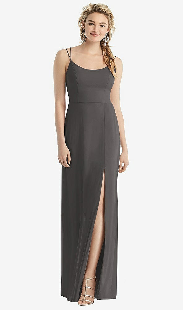 Back View - Caviar Gray Cowl-Back Double Strap Maxi Dress with Side Slit