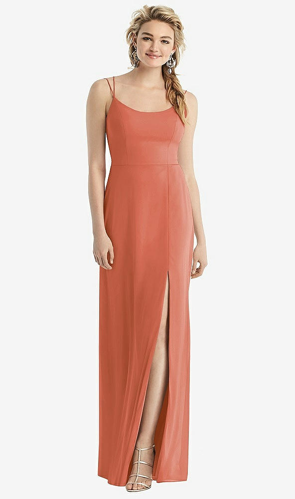 Back View - Terracotta Copper Cowl-Back Double Strap Maxi Dress with Side Slit