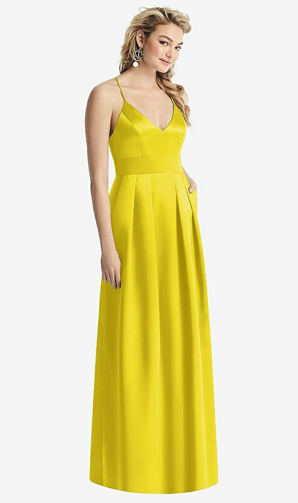 Front View - Citrus Pleated Skirt Satin Maxi Dress with Pockets