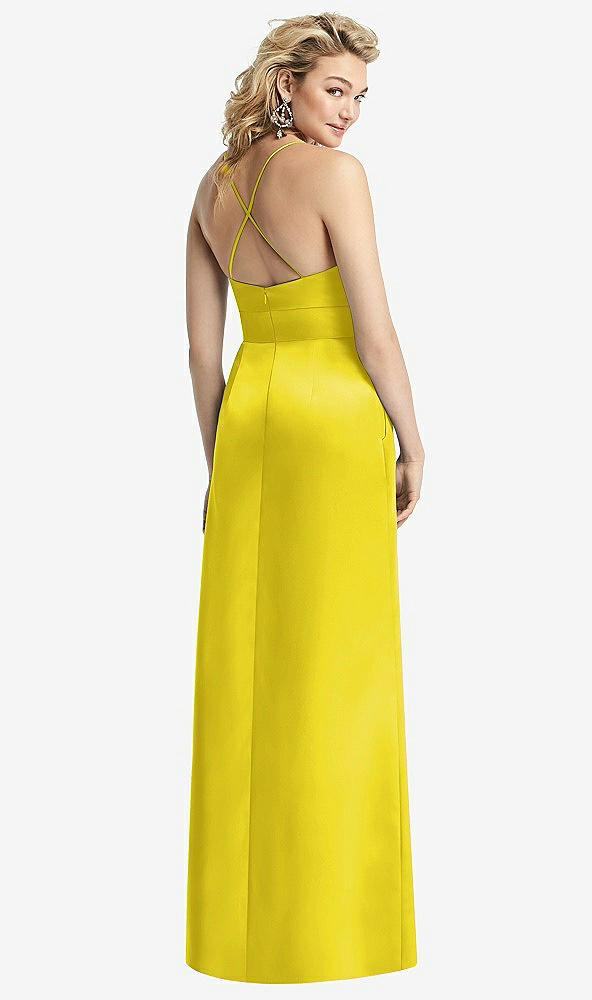 Back View - Citrus Pleated Skirt Satin Maxi Dress with Pockets