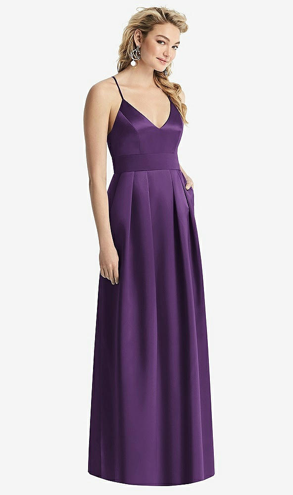 Front View - Majestic Pleated Skirt Satin Maxi Dress with Pockets