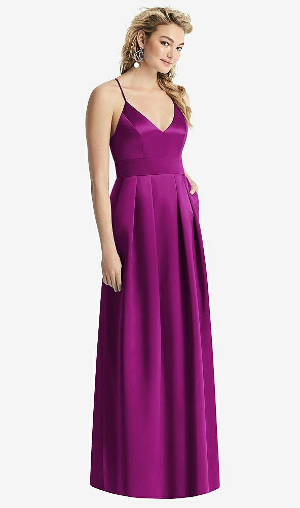 Front View - Persian Plum Pleated Skirt Satin Maxi Dress with Pockets
