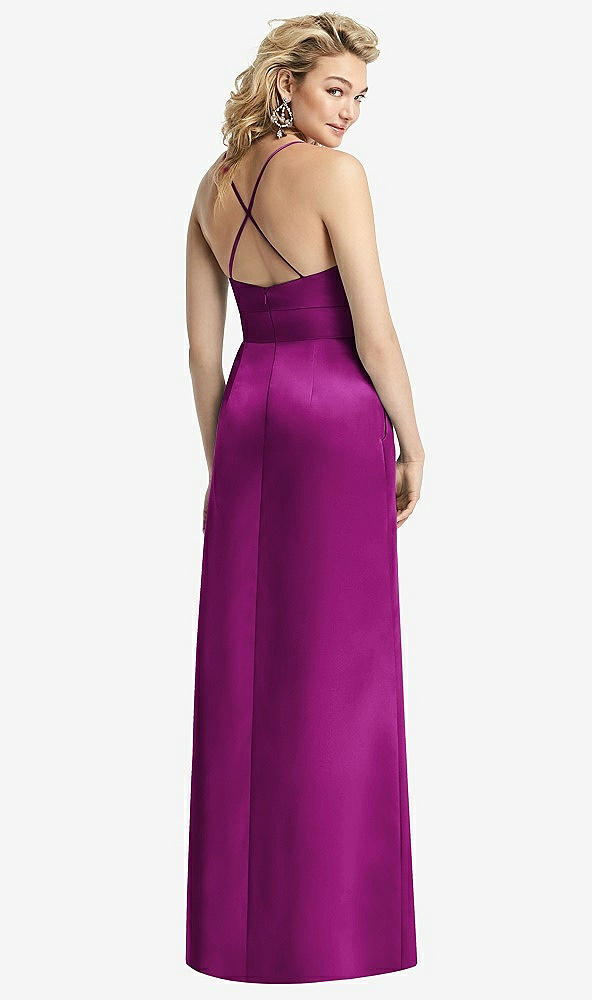 Back View - Persian Plum Pleated Skirt Satin Maxi Dress with Pockets