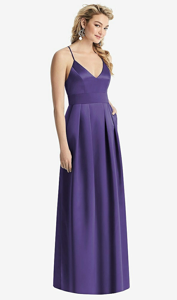 Front View - Regalia - PANTONE Ultra Violet Pleated Skirt Satin Maxi Dress with Pockets