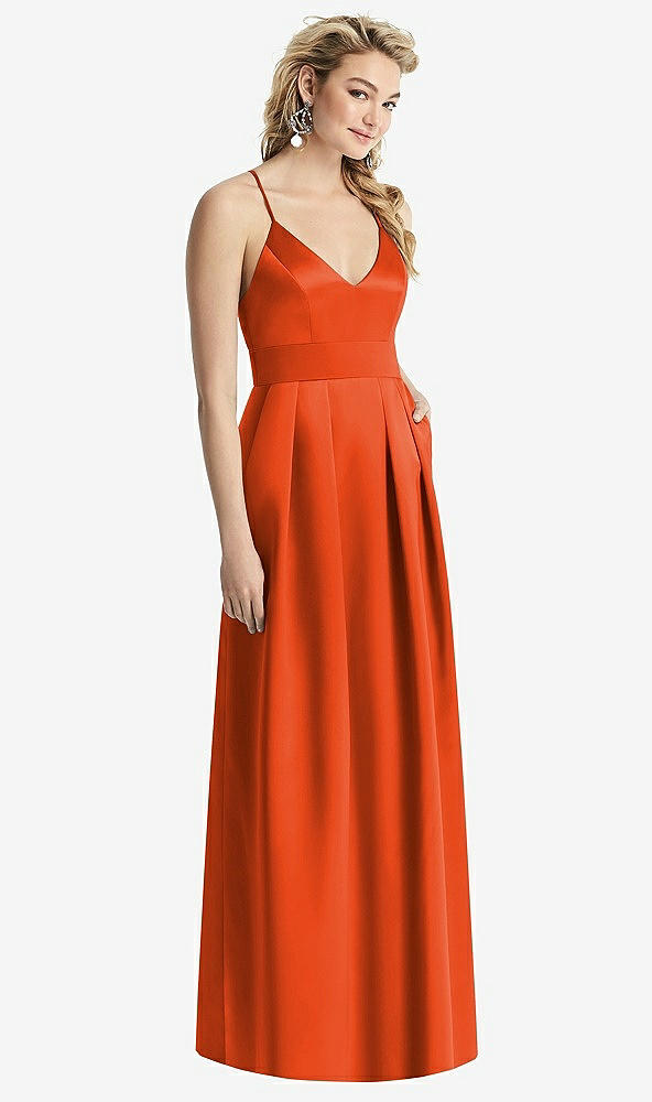 Front View - Tangerine Tango Pleated Skirt Satin Maxi Dress with Pockets