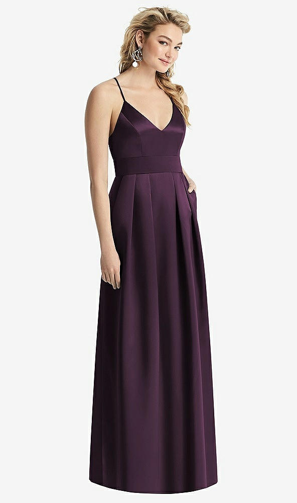 Front View - Aubergine Pleated Skirt Satin Maxi Dress with Pockets