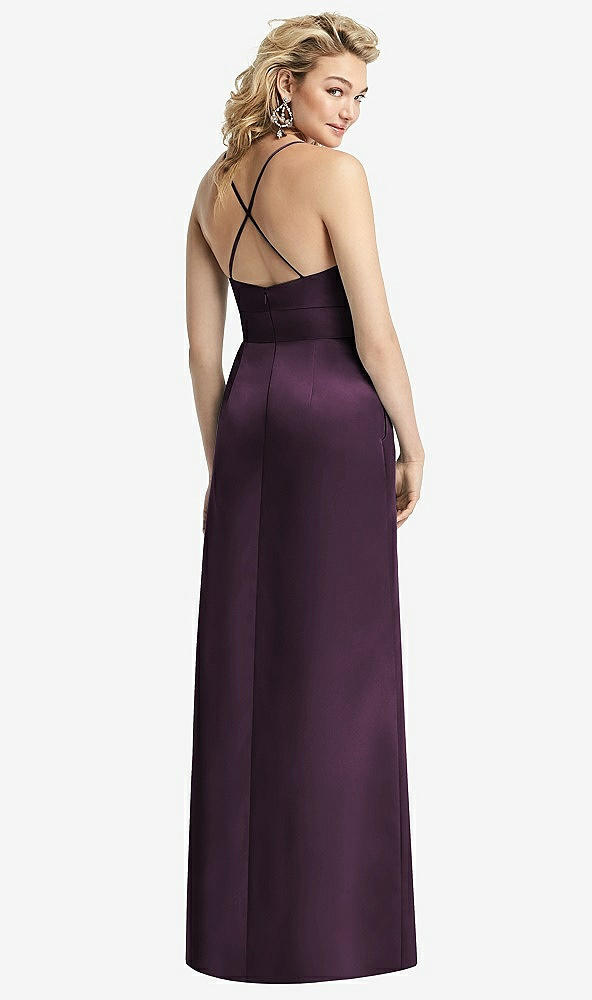 Back View - Aubergine Pleated Skirt Satin Maxi Dress with Pockets