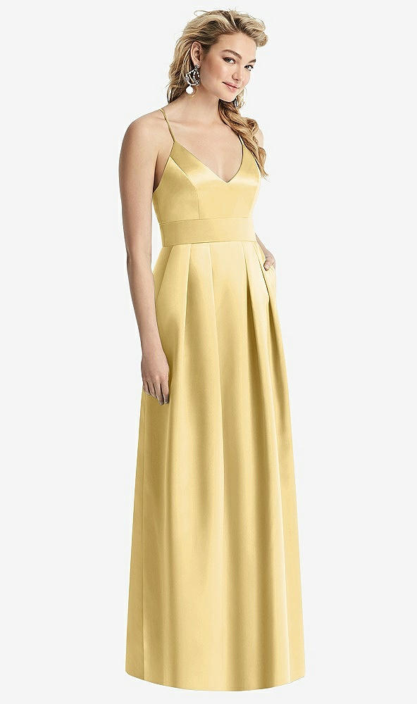 Front View - Buttercup Pleated Skirt Satin Maxi Dress with Pockets
