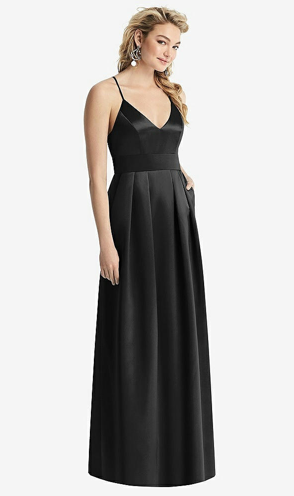 Front View - Black Pleated Skirt Satin Maxi Dress with Pockets