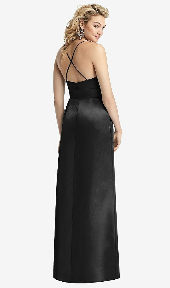 Back View - Black Pleated Skirt Satin Maxi Dress with Pockets