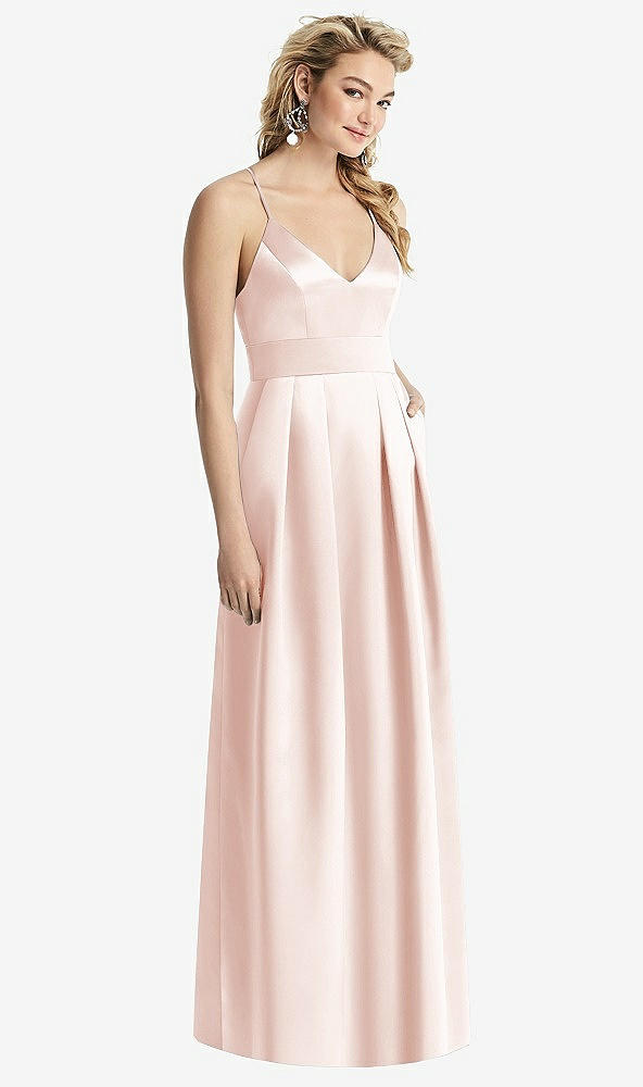 Front View - Blush Pleated Skirt Satin Maxi Dress with Pockets