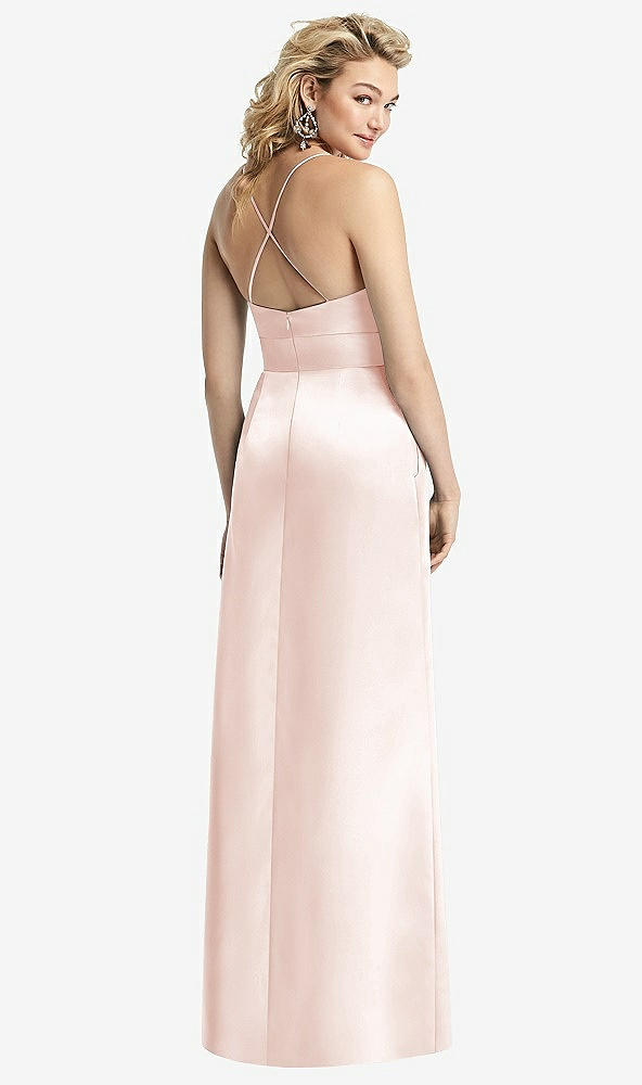 Back View - Blush Pleated Skirt Satin Maxi Dress with Pockets