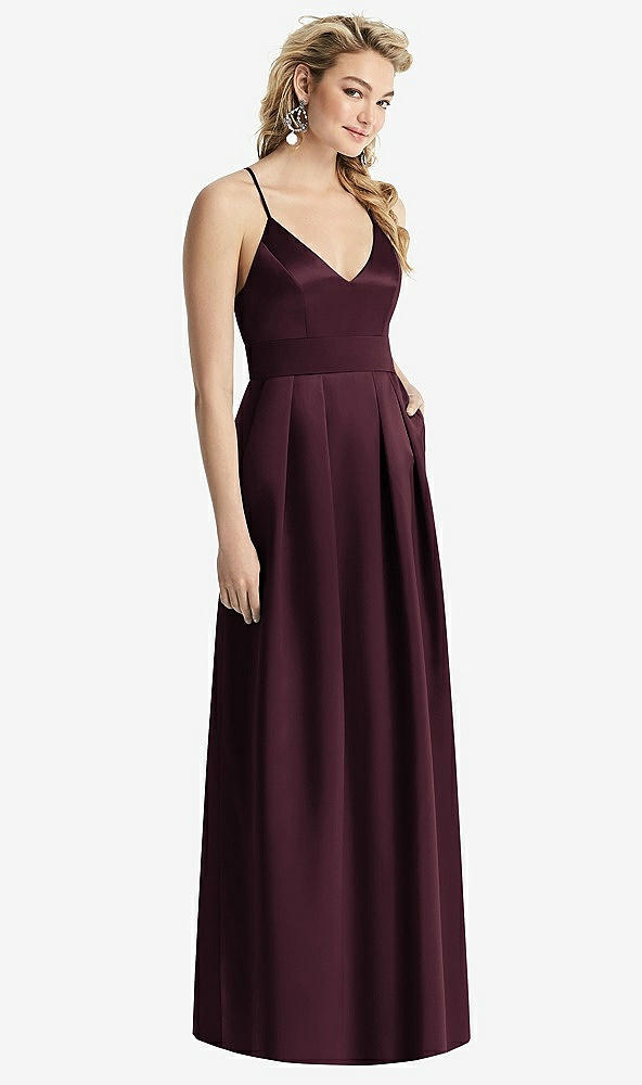 Front View - Bordeaux Pleated Skirt Satin Maxi Dress with Pockets