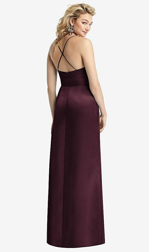 Back View - Bordeaux Pleated Skirt Satin Maxi Dress with Pockets
