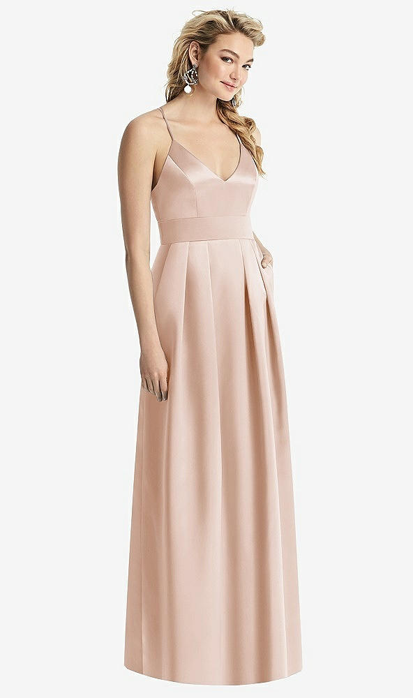 Front View - Cameo Pleated Skirt Satin Maxi Dress with Pockets
