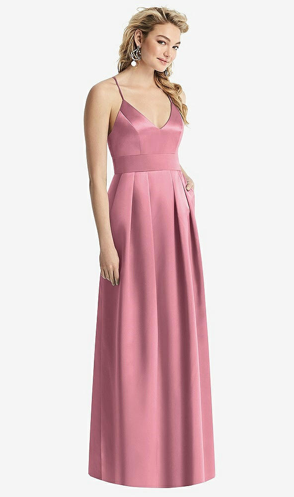 Front View - Carnation Pleated Skirt Satin Maxi Dress with Pockets
