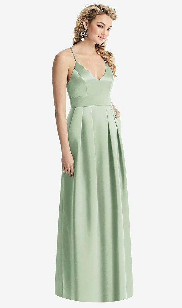 Front View - Celadon Pleated Skirt Satin Maxi Dress with Pockets