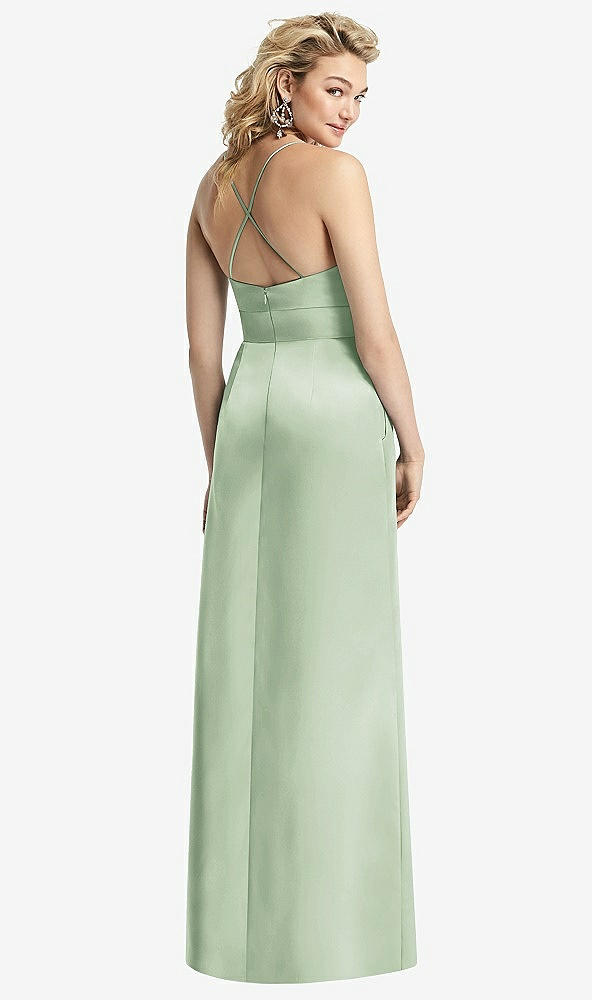 Back View - Celadon Pleated Skirt Satin Maxi Dress with Pockets