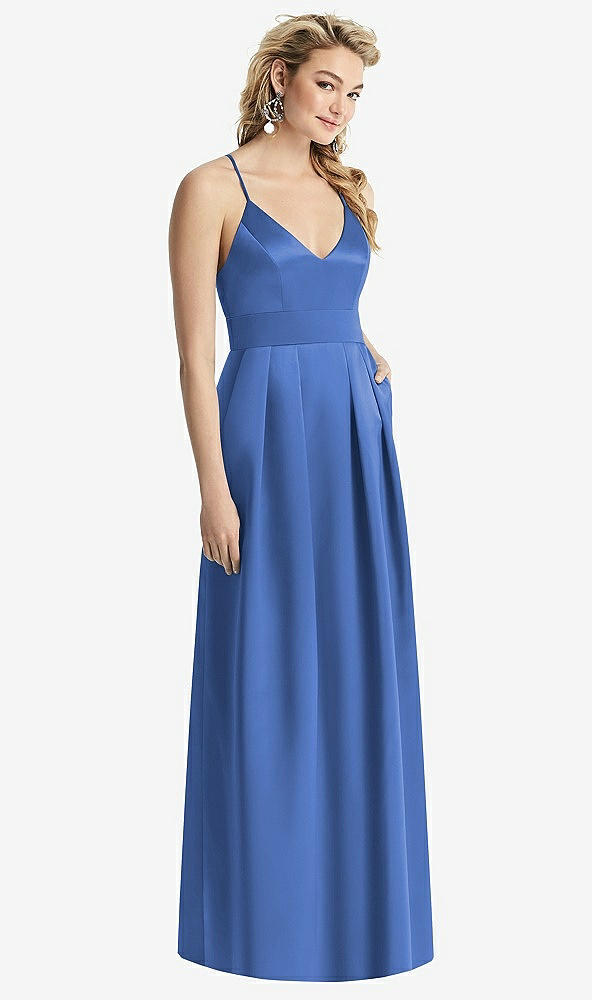Front View - Cornflower Pleated Skirt Satin Maxi Dress with Pockets
