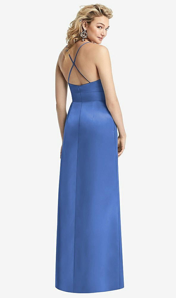 Back View - Cornflower Pleated Skirt Satin Maxi Dress with Pockets