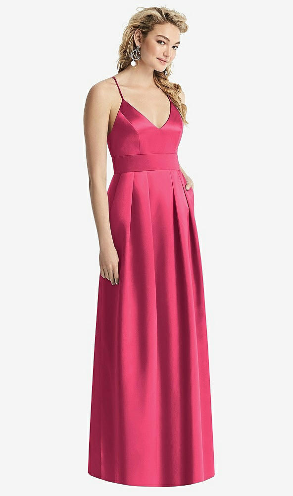 Front View - Pantone Honeysuckle Pleated Skirt Satin Maxi Dress with Pockets