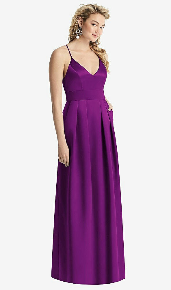 Front View - Dahlia Pleated Skirt Satin Maxi Dress with Pockets