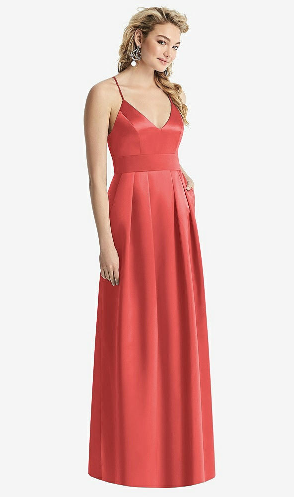 Front View - Perfect Coral Pleated Skirt Satin Maxi Dress with Pockets