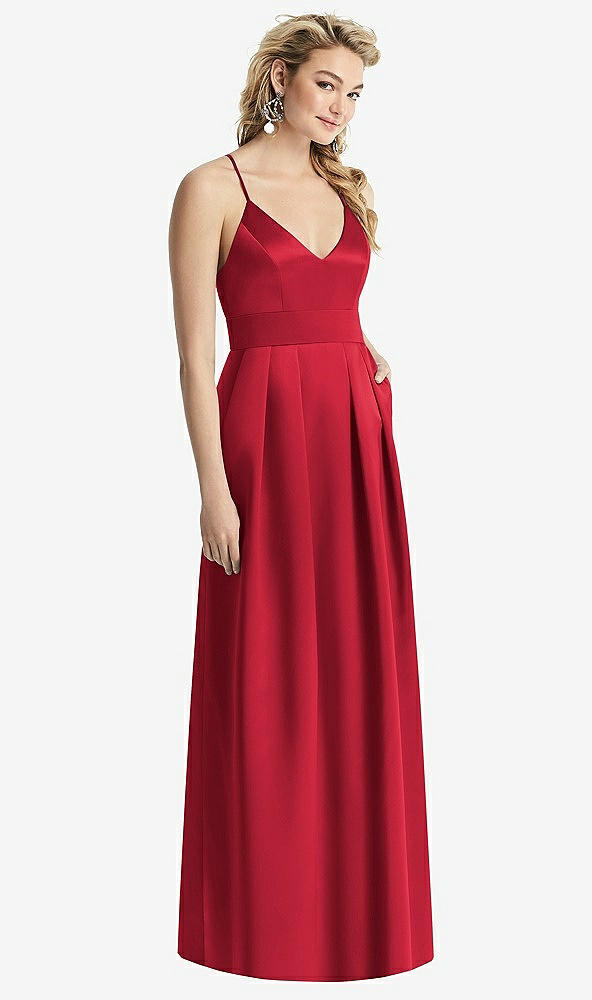 Front View - Flame Pleated Skirt Satin Maxi Dress with Pockets