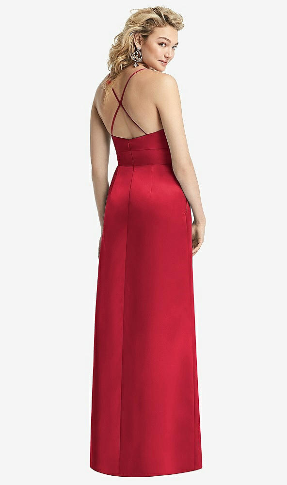 Back View - Flame Pleated Skirt Satin Maxi Dress with Pockets