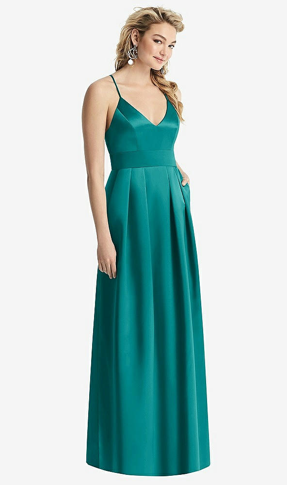 Front View - Jade Pleated Skirt Satin Maxi Dress with Pockets