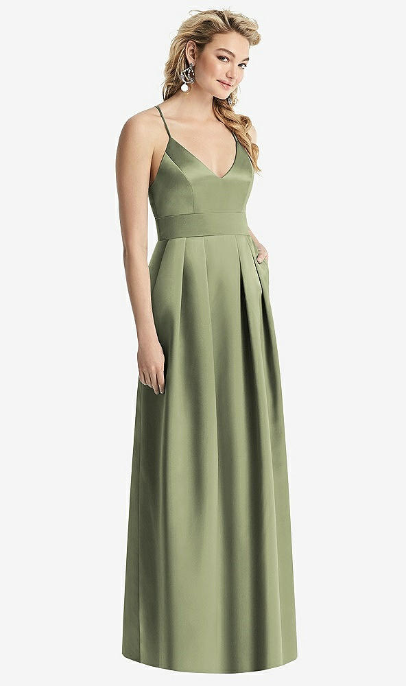 Front View - Kiwi Pleated Skirt Satin Maxi Dress with Pockets