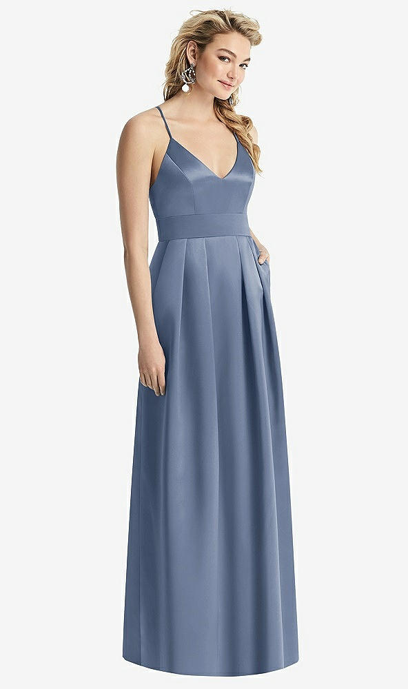 Front View - Larkspur Blue Pleated Skirt Satin Maxi Dress with Pockets