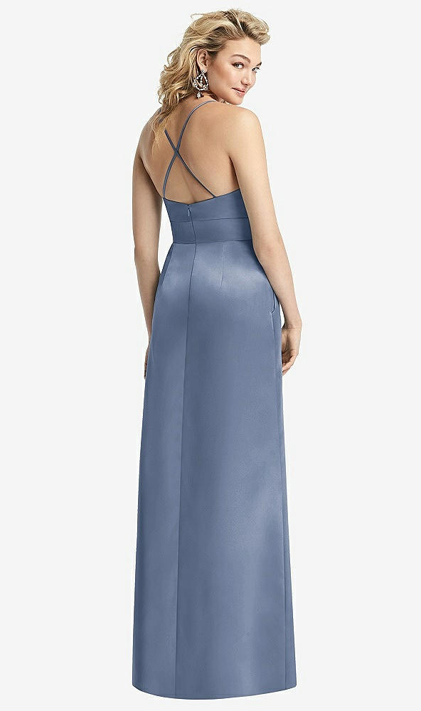 Back View - Larkspur Blue Pleated Skirt Satin Maxi Dress with Pockets