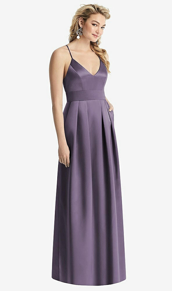 Front View - Lavender Pleated Skirt Satin Maxi Dress with Pockets