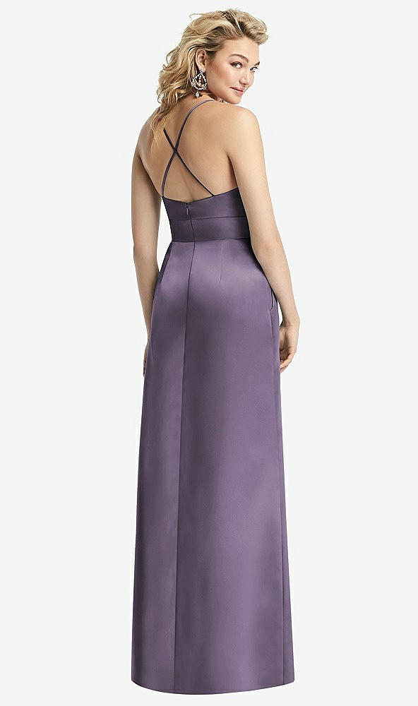 Back View - Lavender Pleated Skirt Satin Maxi Dress with Pockets
