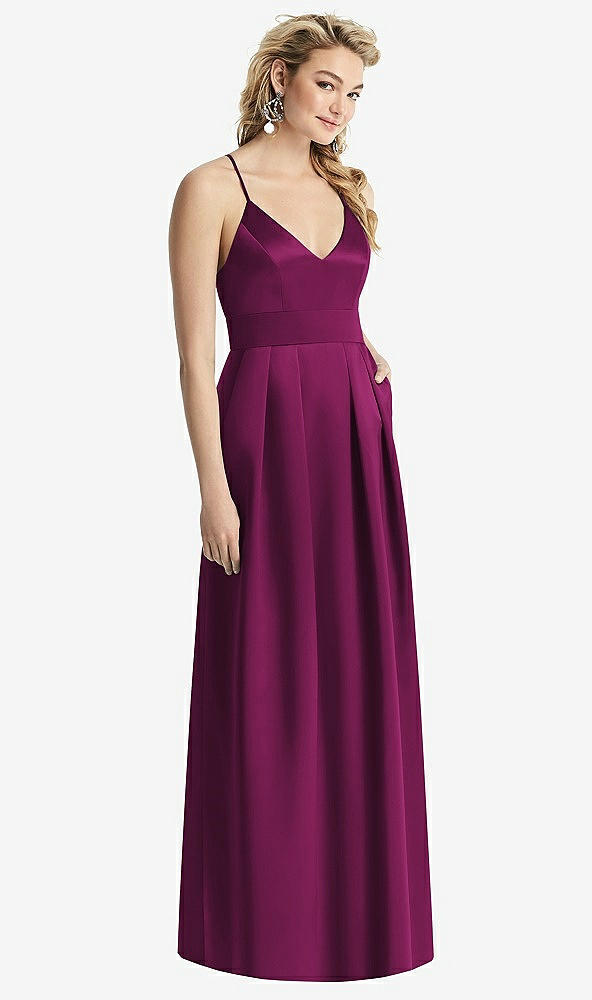 Front View - Merlot Pleated Skirt Satin Maxi Dress with Pockets